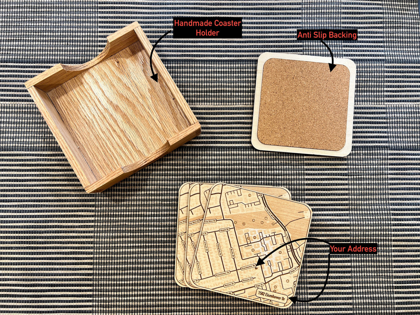 Custom Wood Coasters with Engraved Street Map | Address of your choice | Includes Coaster Holder | Perfect House-Warming Gift | Realtor Gift