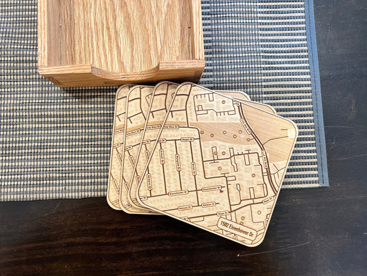 Custom Wood Coasters with Engraved Street Map | Address of your choice | Includes Coaster Holder | Perfect House-Warming Gift | Realtor Gift