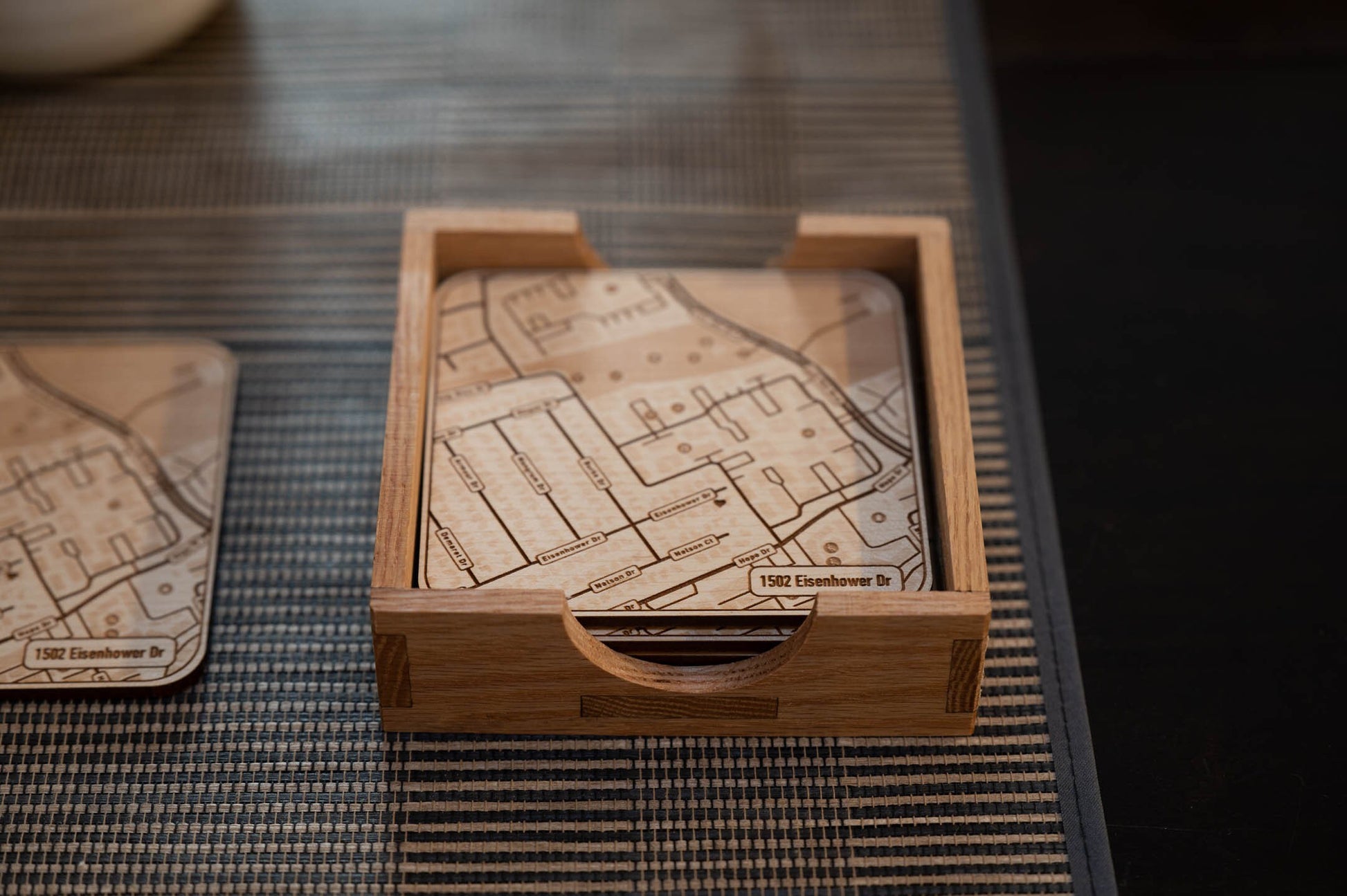 Custom Wood Coasters with Engraved Street Map | Address of your choice | Includes Coaster Holder | Perfect House-Warming Gift | Realtor Gift