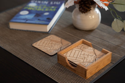 Custom Wood Coasters with Engraved Street Map | Address of your choice | Includes Coaster Holder | Perfect House-Warming Gift | Realtor Gift