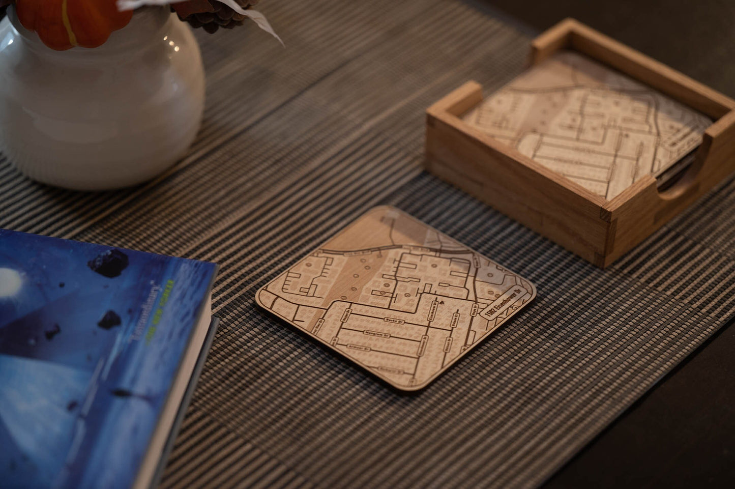 Custom Wood Coasters with Engraved Street Map | Address of your choice | Includes Coaster Holder | Perfect House-Warming Gift | Realtor Gift