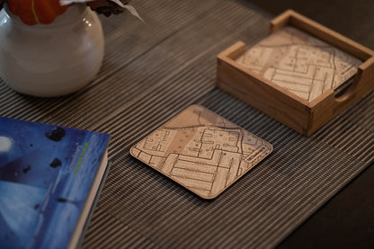 Custom Wood Coasters with Engraved Street Map | Address of your choice | Includes Coaster Holder | Perfect House-Warming Gift | Realtor Gift