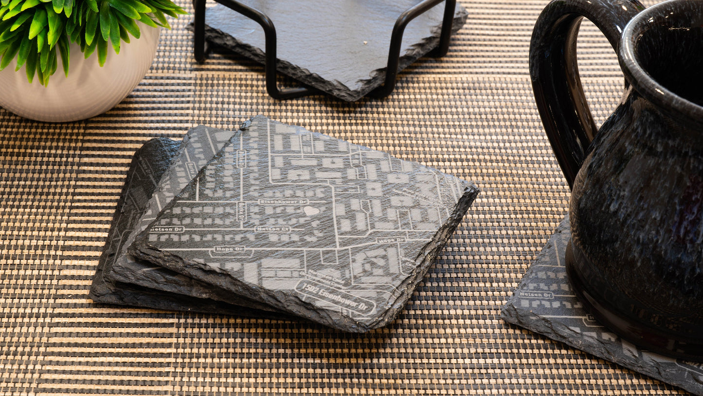 Custom Slate Coasters with Engraved Street Map | Pack of 4 | Custom Address | Includes Coaster Holder | House-Warming Gift | Realtor Gift