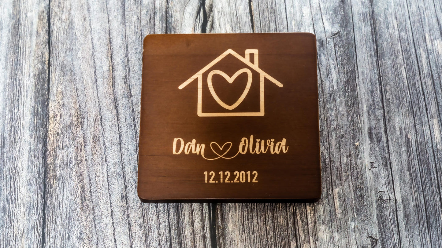 Custom Wood Coasters with Engraved name and special date | Includes Coaster Holder | Perfect Engagement or Wedding Gift | Realtor Gift