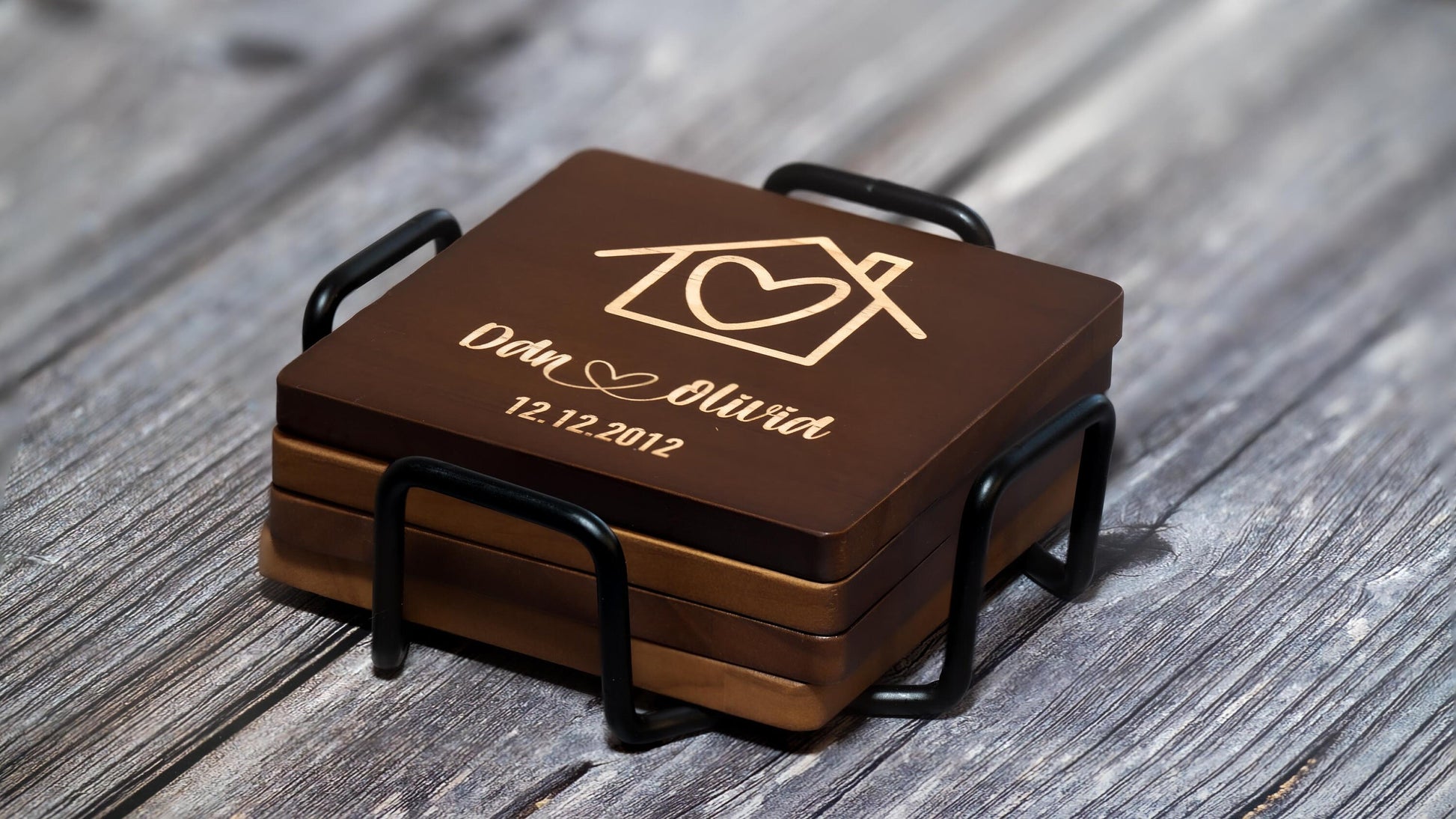 Custom Wood Coasters with Engraved name and special date | Includes Coaster Holder | Perfect Engagement or Wedding Gift | Realtor Gift