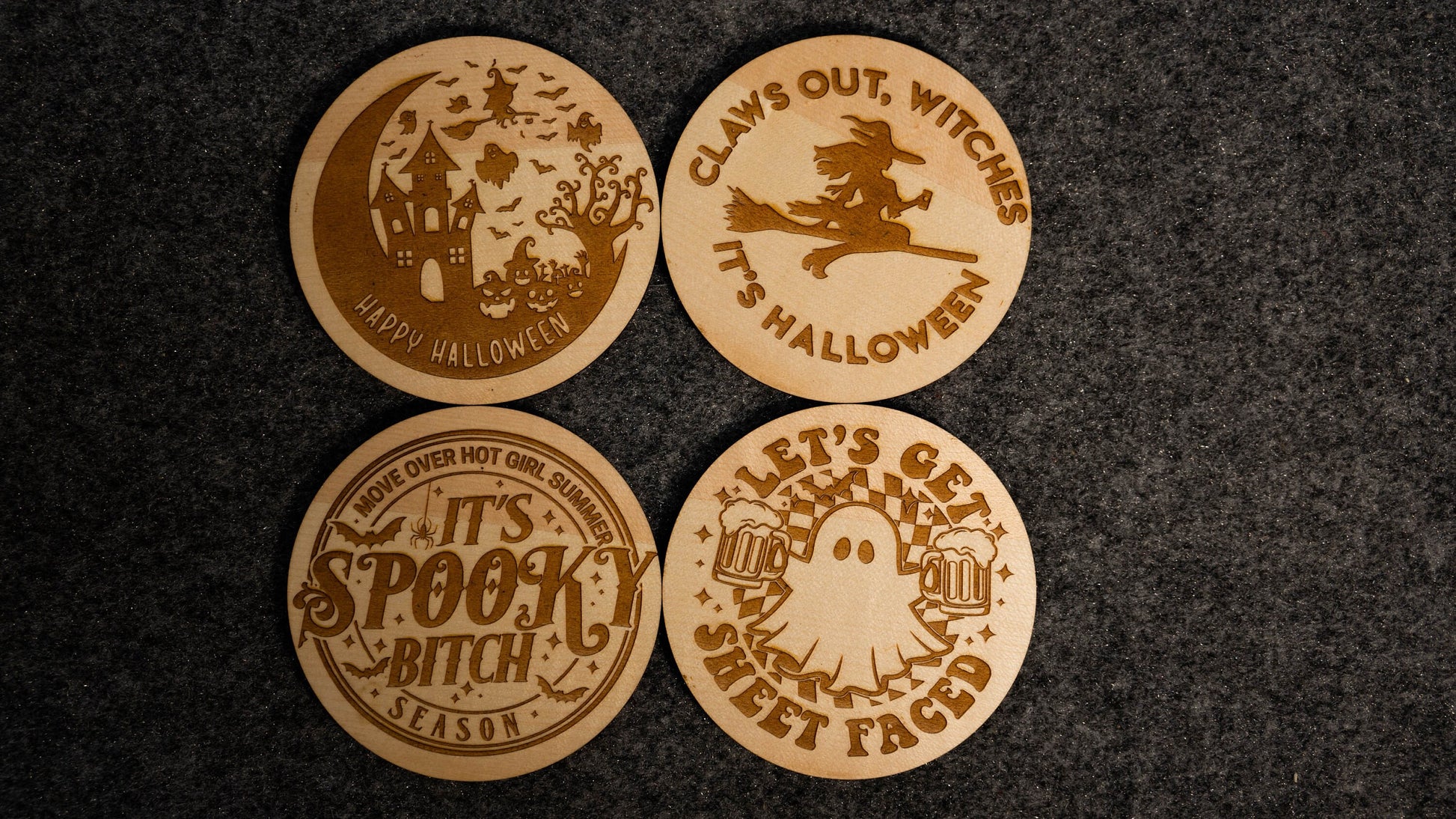 Halloween themed Coasters | Set of 4 | Engraved on Wood