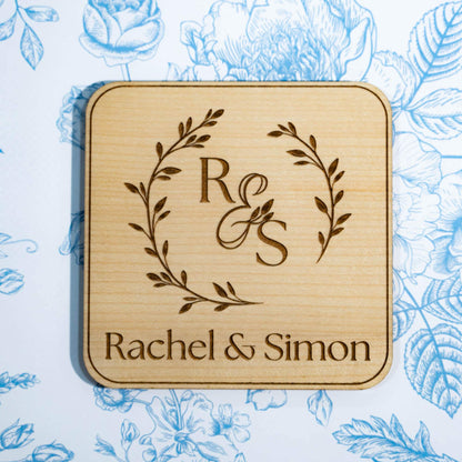 Personalized Coasters with Holder | Set of 4 | Monogram Coasters for Couple | Save the Date | Wedding/Housewarming Gift