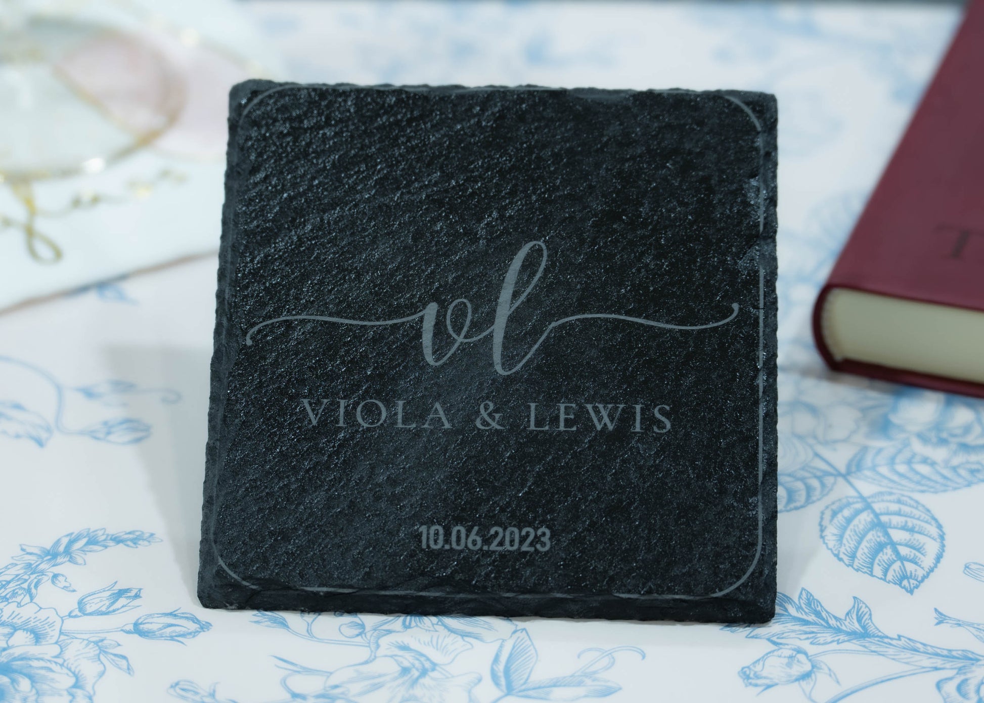 Personalized Slate Coasters with Holder | Set of 4 | Monogram Coasters for Couple | Save the Date | Wedding/Housewarming Gift