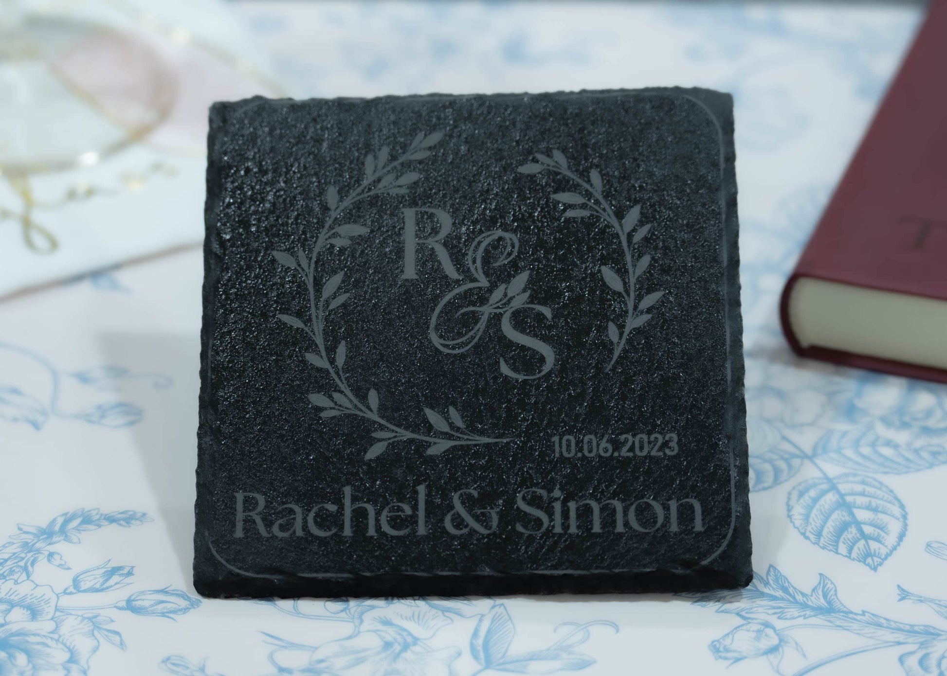 Personalized Slate Coasters with Holder | Set of 4 | Monogram Coasters for Couple | Save the Date | Wedding/Housewarming Gift