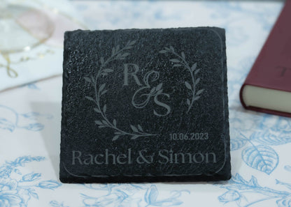Personalized Slate Coasters with Holder | Set of 4 | Monogram Coasters for Couple | Save the Date | Wedding/Housewarming Gift