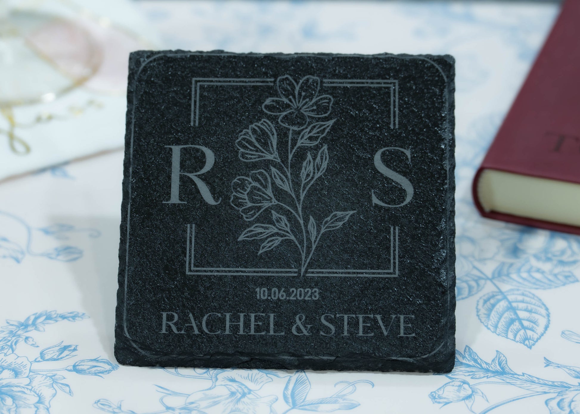 Personalized Slate Coasters with Holder | Set of 4 | Monogram Coasters for Couple | Save the Date | Wedding/Housewarming Gift