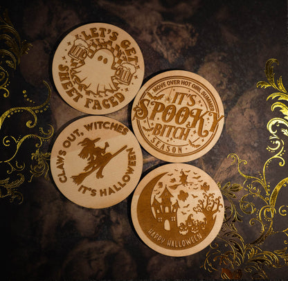 Halloween themed Coasters | Set of 4 | Engraved on Wood