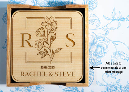 Personalized Coasters with Holder | Set of 4 | Monogram Coasters for Couple | Save the Date | Wedding/Housewarming Gift