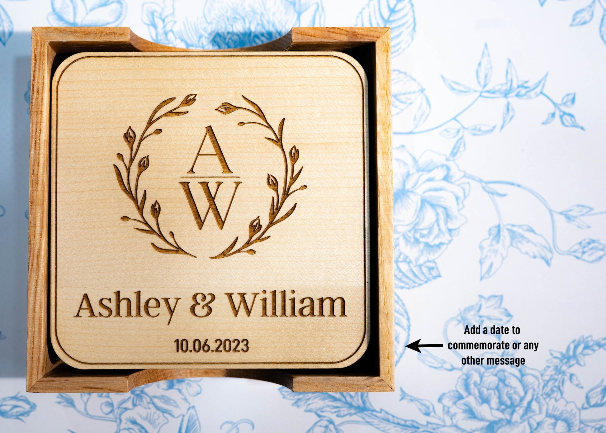 Personalized Coasters with Holder | Set of 4 | Monogram Coasters for Couple | Save the Date | Wedding/Housewarming Gift