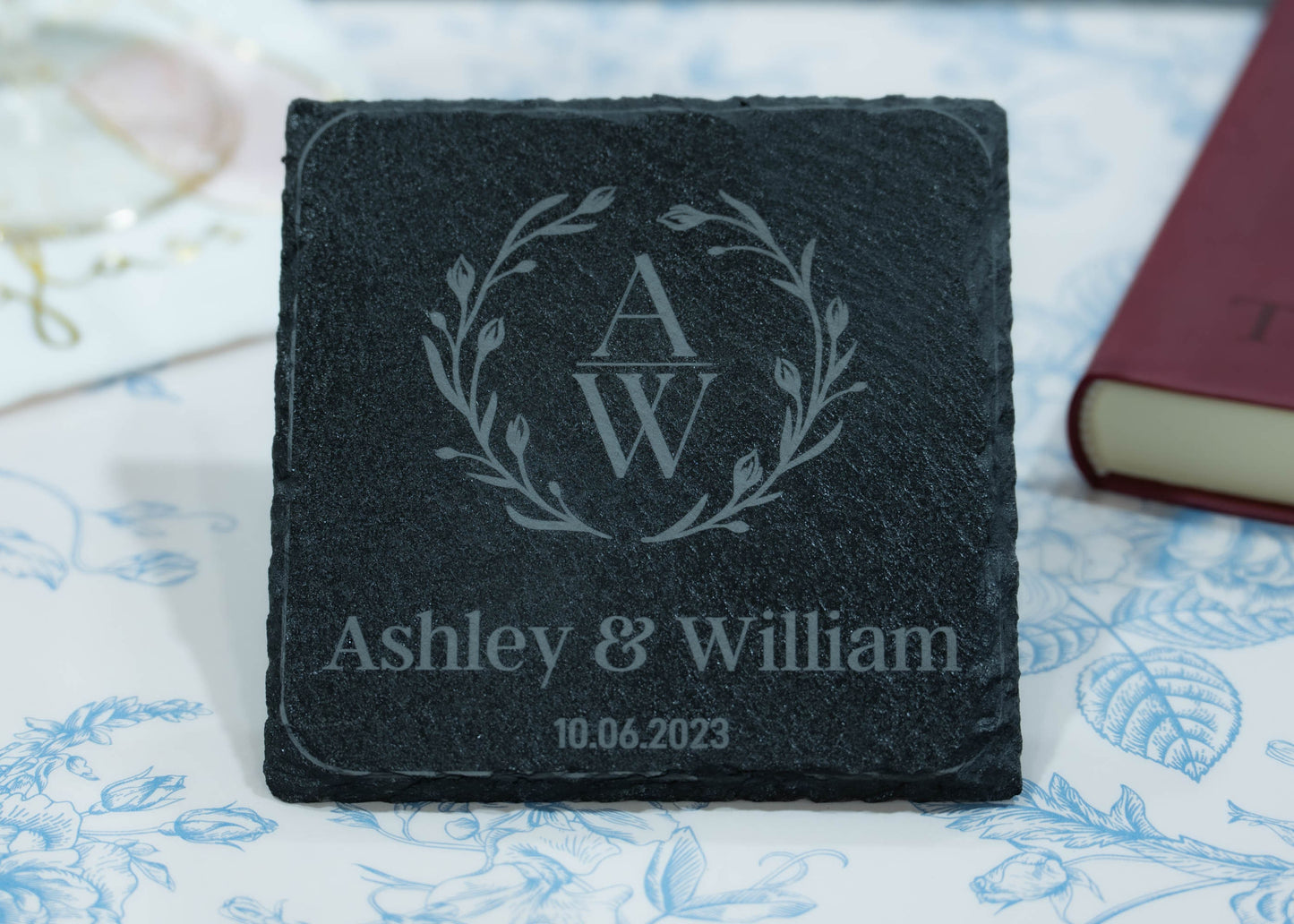 Personalized Slate Coasters with Holder | Set of 4 | Monogram Coasters for Couple | Save the Date | Wedding/Housewarming Gift